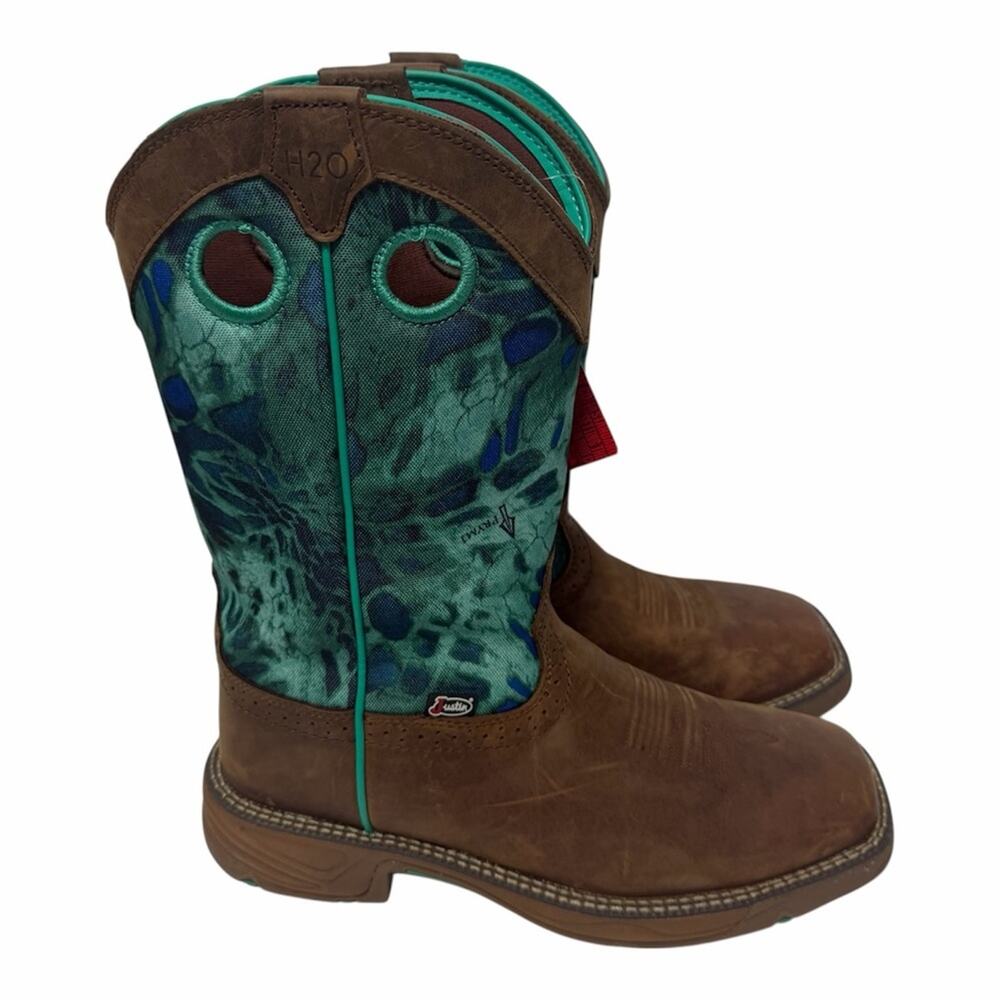 JUSTIN WOMEN'S STAMPEDE SQUARE TOE WESTERN BOOTS BROWN/BLUE SIZE 9.5B NWT$170